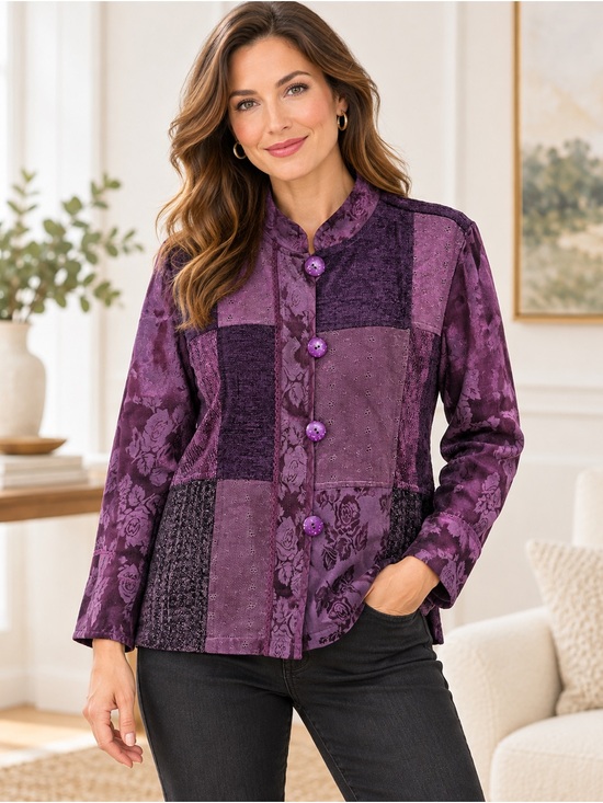 Coldwater Creek Jackets & Blazers - Coldwater Creek Purple Patchwork Chenille Jacquard Jacket Petite Large PL